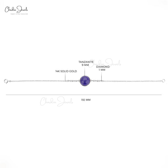 Delicate 10mm Round Tanzanite & Diamond Bracelet 14k Solid White Gold Minimalist Jewelry