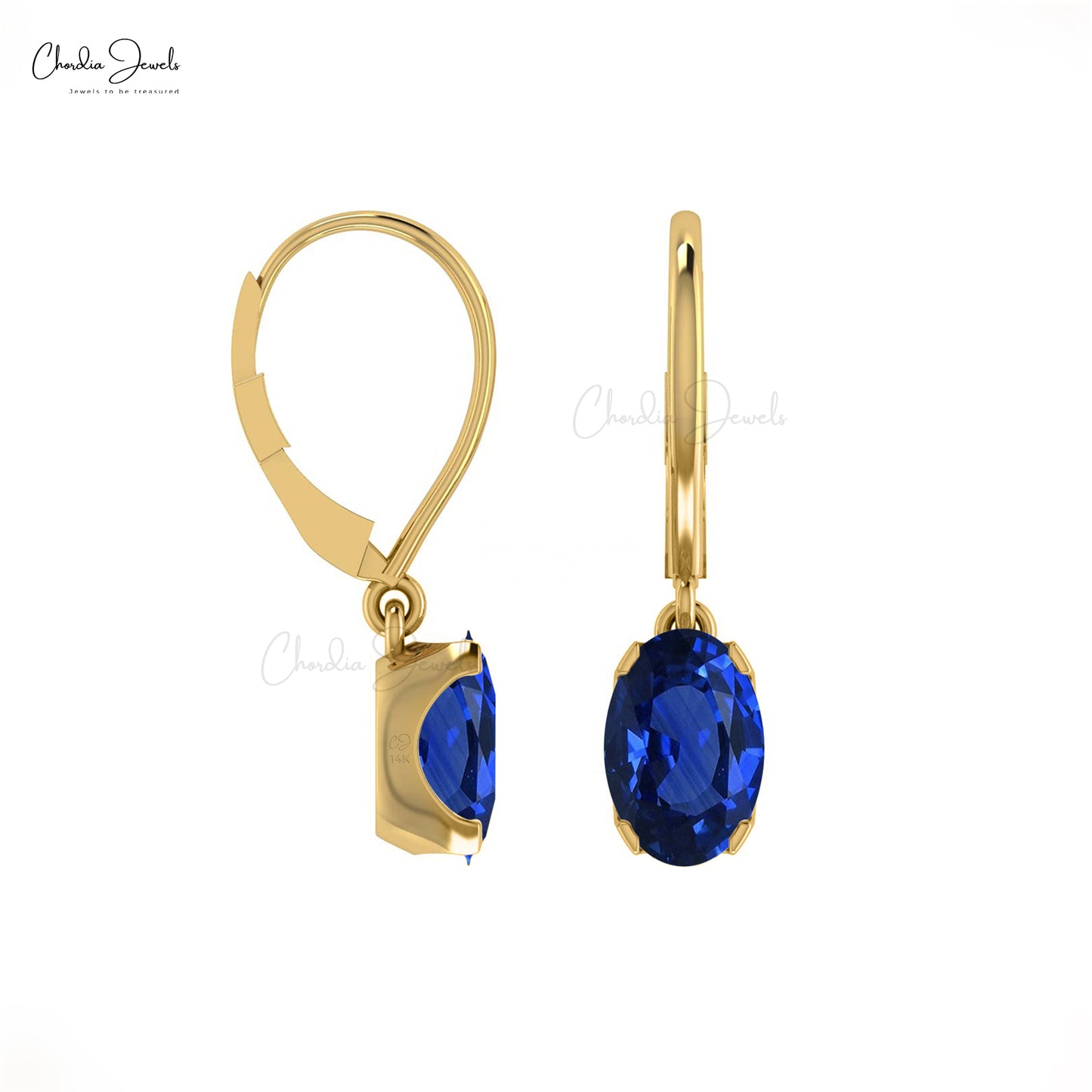 Genuine 6x4mm Blue Sapphire Dangle Earrings in 14k Solid Gold For Valentine's Day Gift