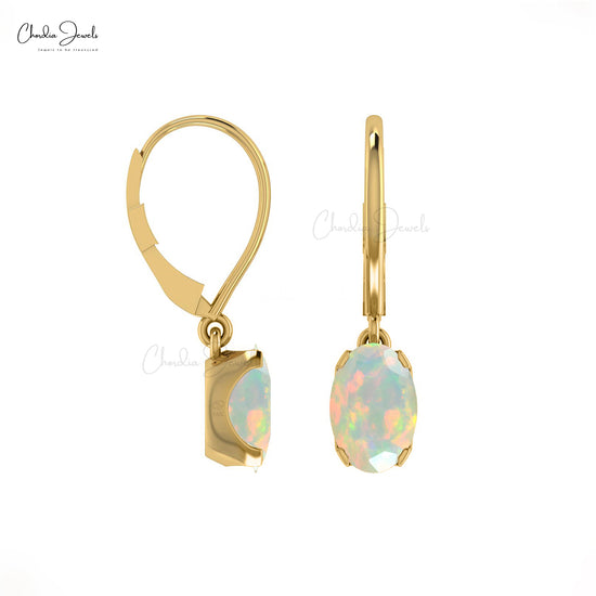 Elegant 14k Real Gold Leverback Earrings Natural 0.56ct Opal Gemstone Dangle Earring