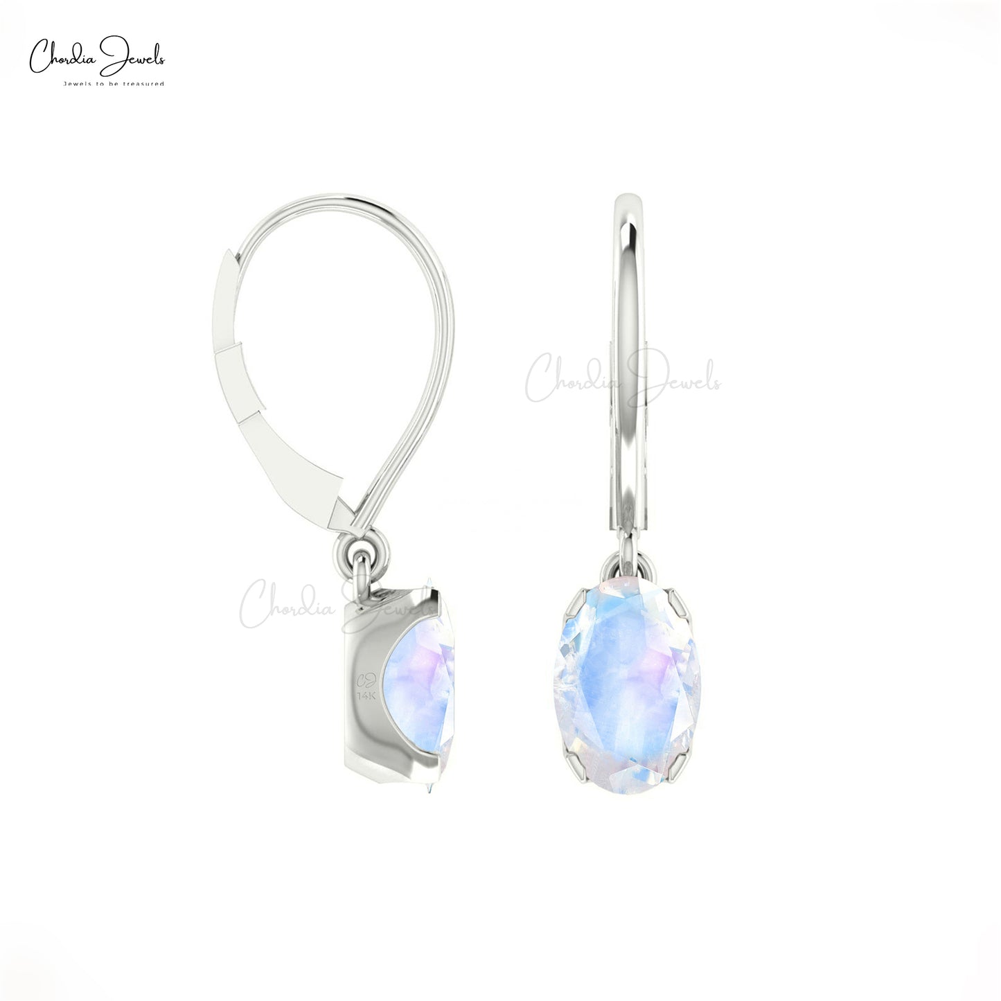 Authentic 0.6 CT Moonstone Lever Back Dangler Earrings In 14k Real Gold Hallmark Jewelry