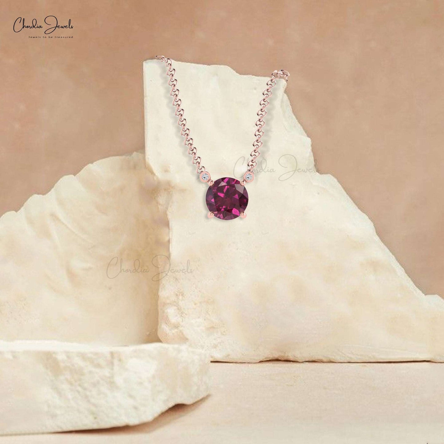 14k Solid Gold Diamond Necklace, Natural Rhodolite Garnet Necklace, 6mm Round Gemstone Necklace Gift for Wife, Handmade Necklace
