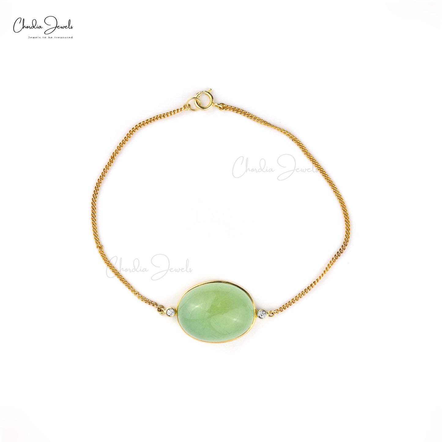 14k yellow gold Prehnite and diamond chain bracelet by Chordia Jewels.