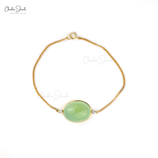 14k yellow gold Prehnite and diamond chain bracelet by Chordia Jewels.