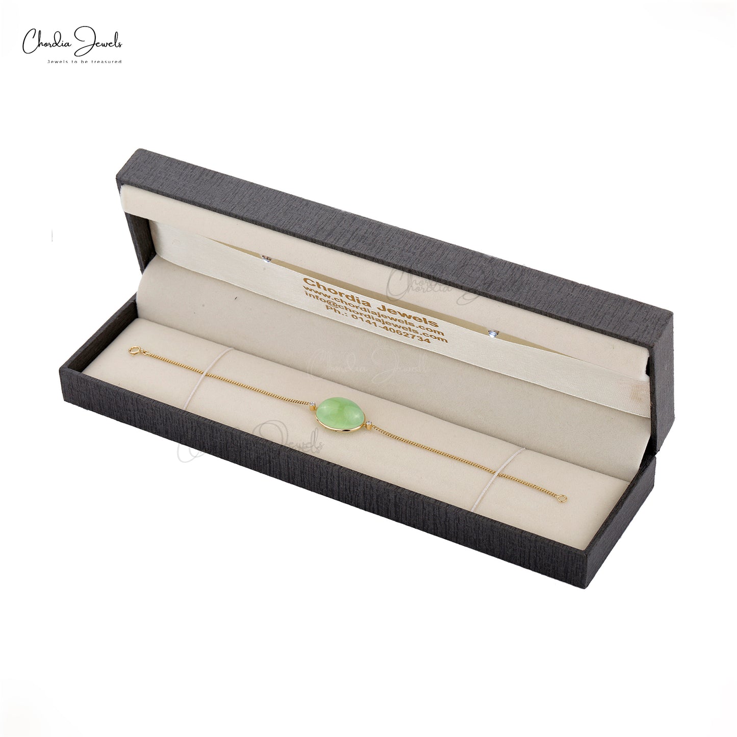 Luxury chain bracelet featuring natural Prehnite and diamonds.