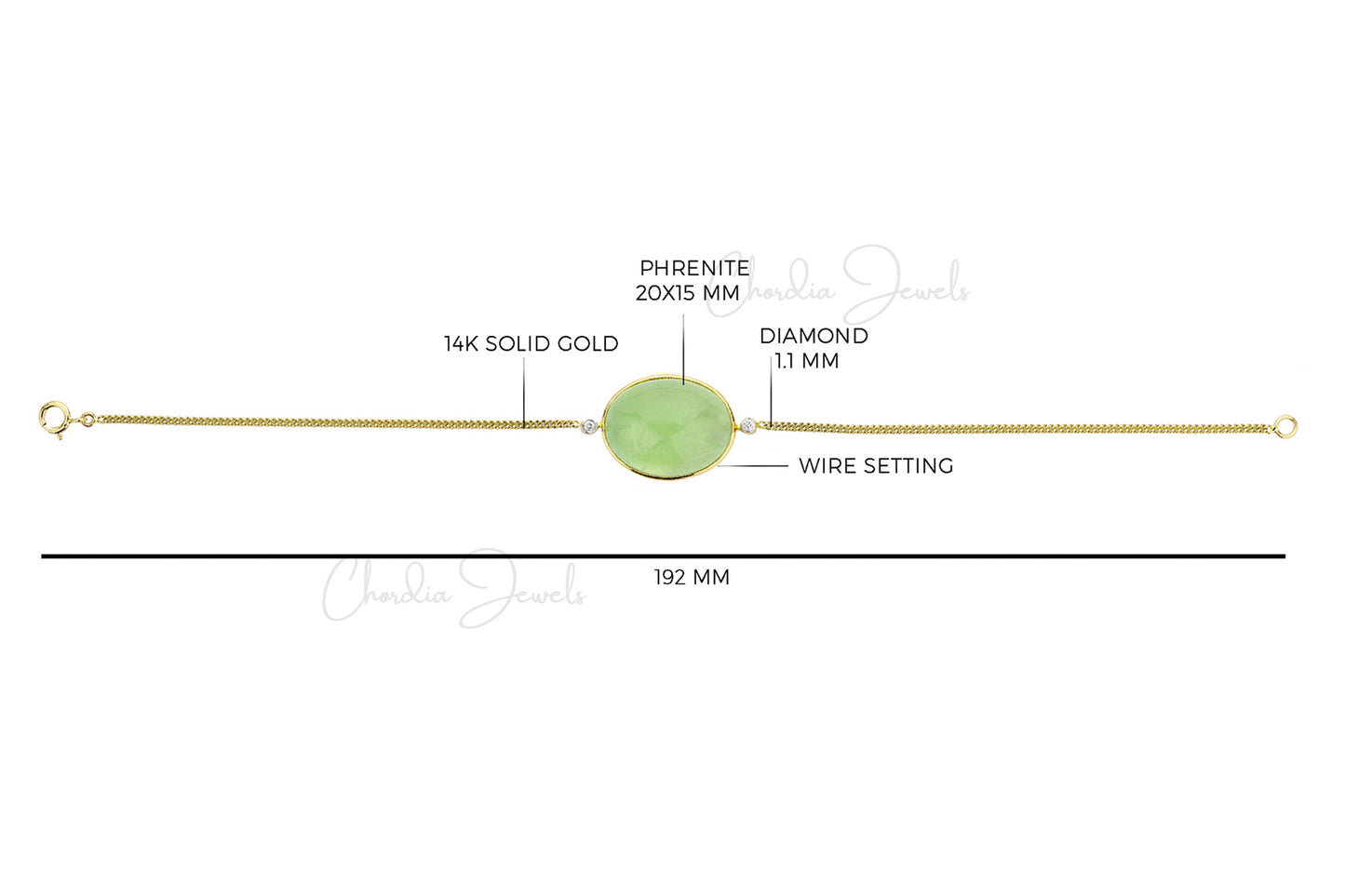 Real 14k  Yellow Gold Chain Bracelets With 20 Ct Prehnite And Diamond Bezel Set Bracelets