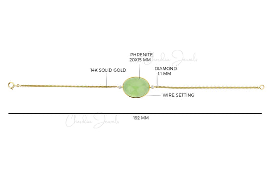Real 14k  Yellow Gold Chain Bracelets With 20 Ct Prehnite And Diamond Bezel Set Bracelets