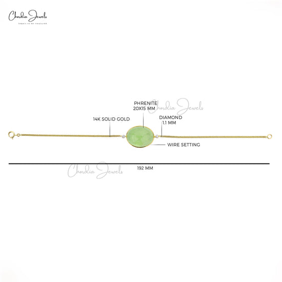 Real gold bracelet with 20 Ct Prehnite gemstone and diamond accents.