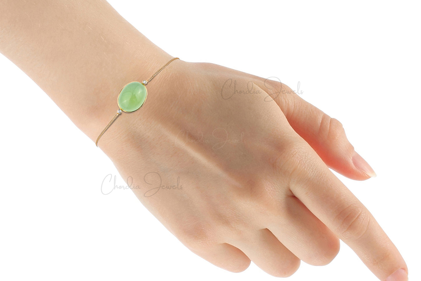 Bezel Set Prehnite Gemstone Bracelet in Solid Gold
