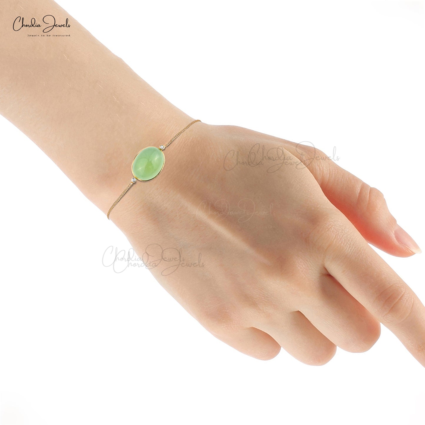 Elegant Prehnite and diamond bezel set bracelet in 14k yellow gold.