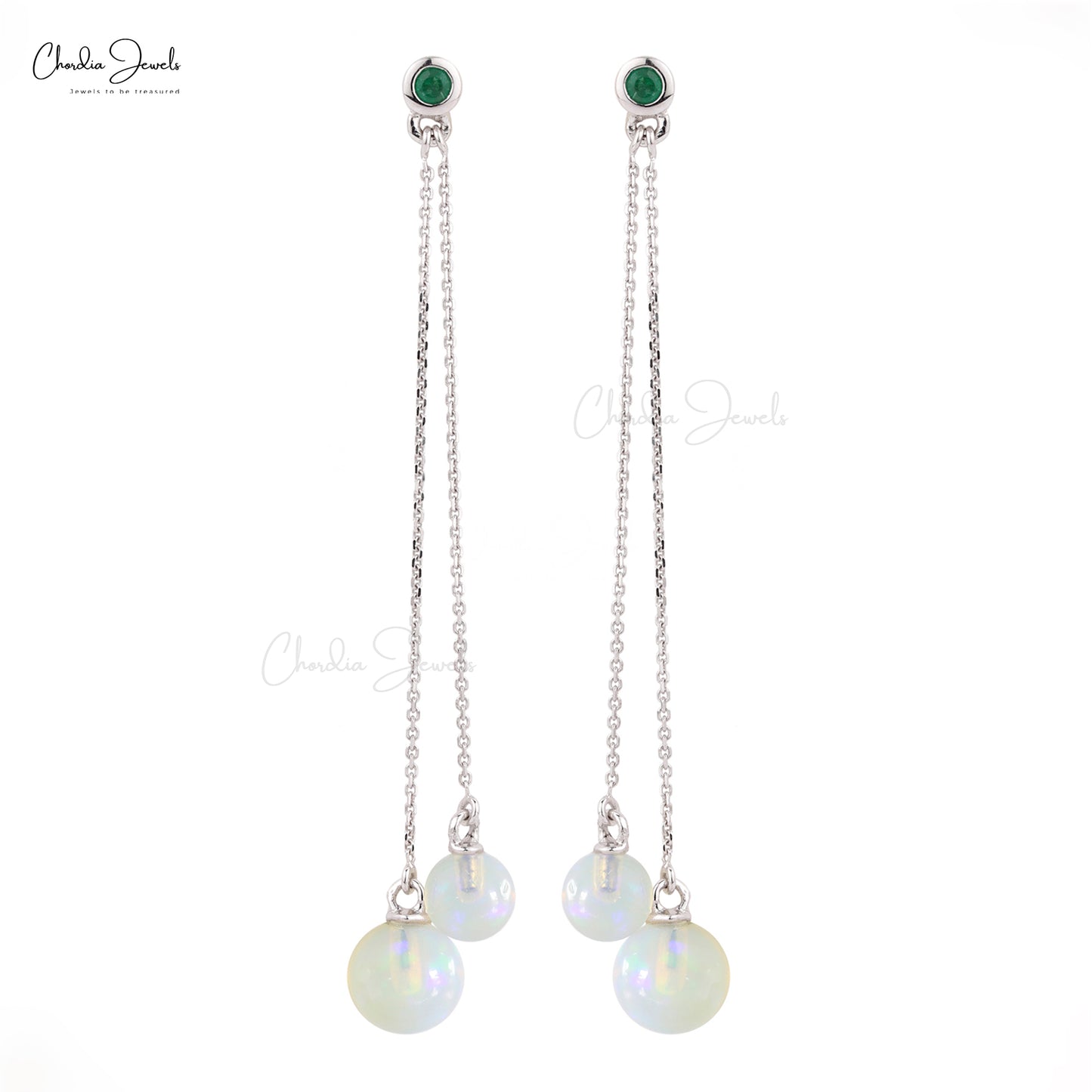 Dazzling Drop Earrings With Opal & Emerald 14k White Gold Round Gemstone Dangle Sleek Earrings