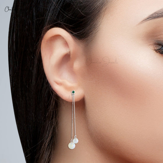 Dazzling Drop Earrings With Opal & Emerald 14k White Gold Round Gemstone Dangle Sleek Earrings