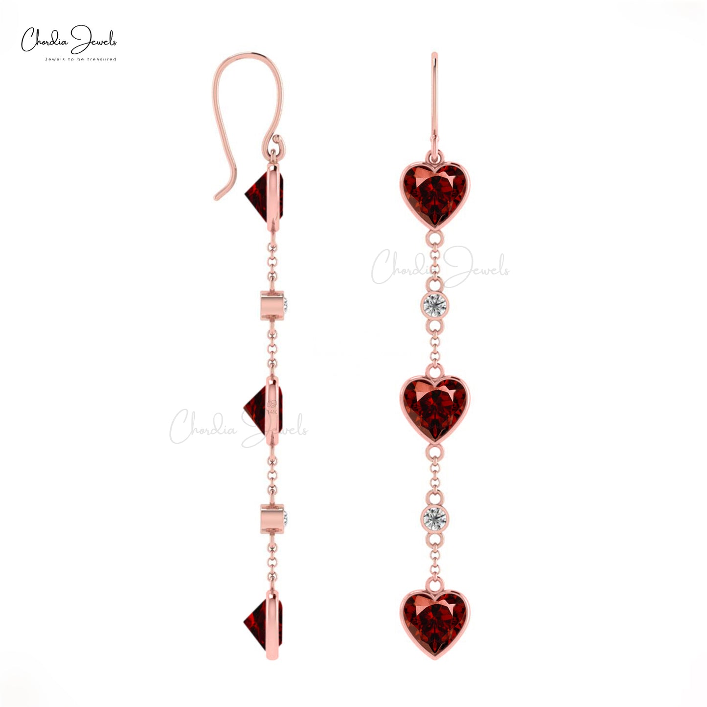 Genuine Garnet Dangle Chain Earrings 14k Solid Gold 5.7Ct Heart Cut Modern Jewelry
