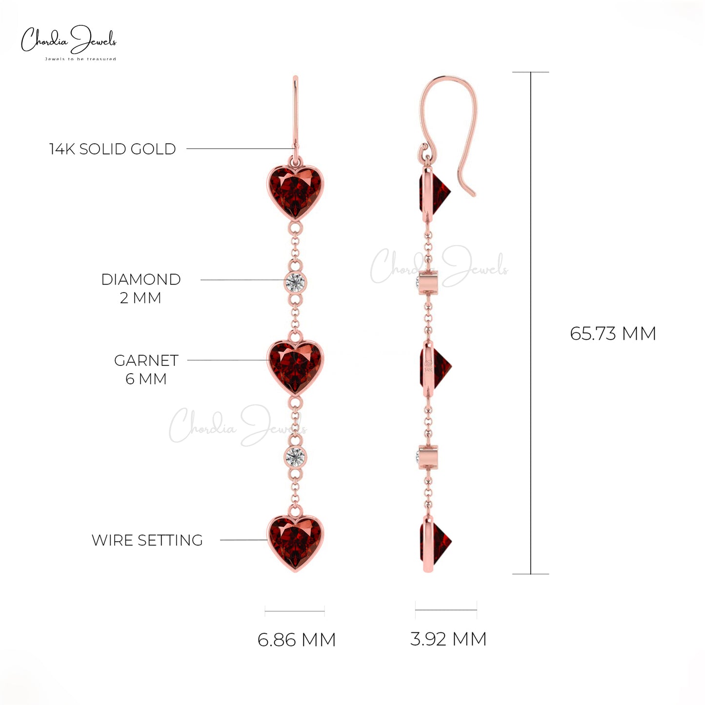 Genuine Garnet Dangle Chain Earrings 14k Solid Gold 5.7Ct Heart Cut Modern Jewelry