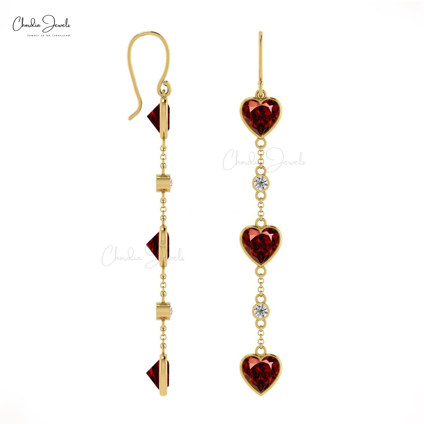 Natural Heart Garnet Dangle Earrings 14k Real Gold 2mm Diamond Modern Chain Earring For Her