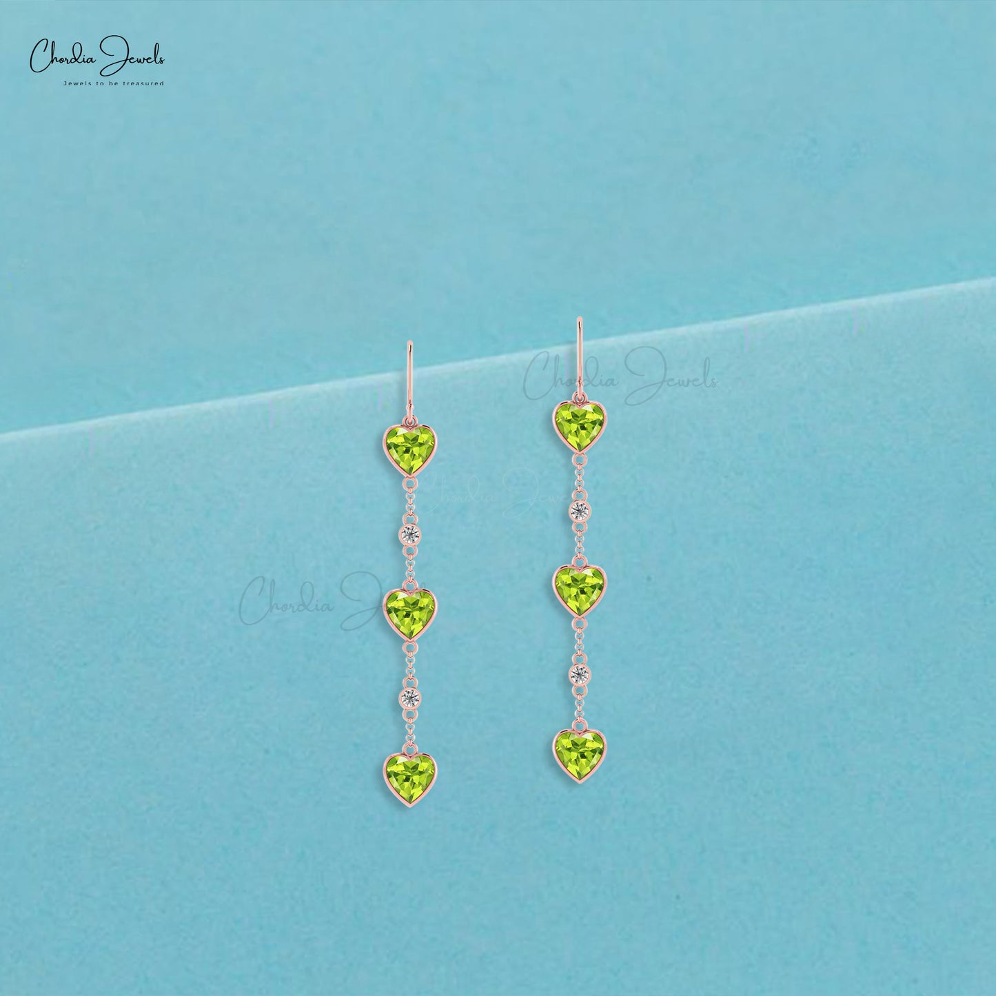 Dangling Heart Earrings In 14k Solid Gold Natural Peridot & Diamond Bezel Set Earring