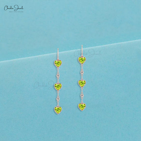 Dangling Heart Earrings In 14k Solid Gold Natural Peridot & Diamond Bezel Set Earring