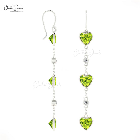 Dangling Heart Earrings In 14k Solid Gold Natural Peridot & Diamond Bezel Set Earring