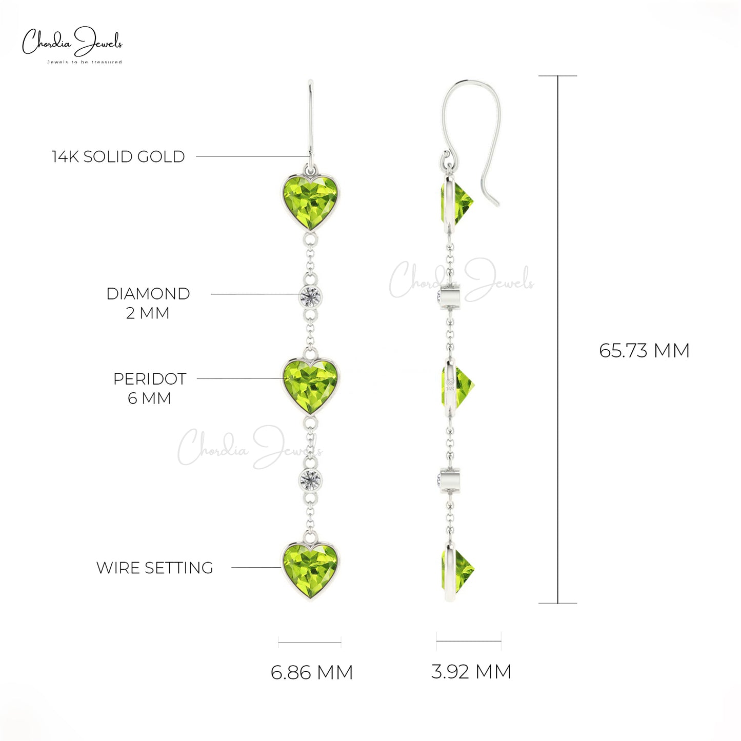 Dangling Heart Earrings In 14k Solid Gold Natural Peridot & Diamond Bezel Set Earring