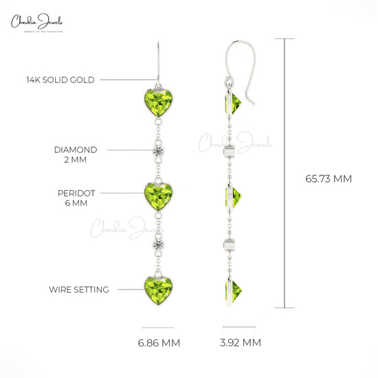 Dangling Heart Earrings In 14k Solid Gold Natural Peridot & Diamond Bezel Set Earring