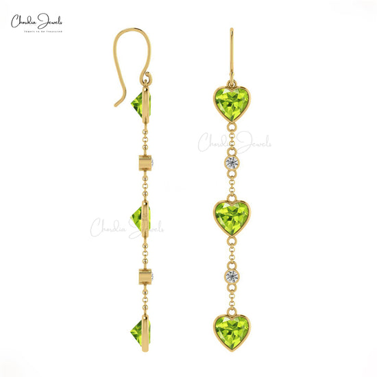 Dangling Heart Earrings In 14k Solid Gold Natural Peridot & Diamond Bezel Set Earring