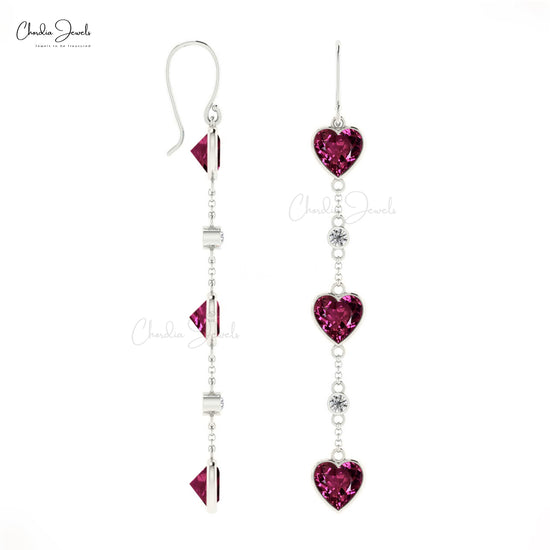 Genuine Diamond & Rhodolite Garnet Dangle Earrings 14k Solid Gold Earring For Valentine's Day Gift