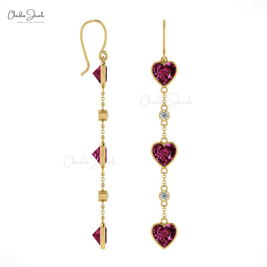 Genuine Diamond & Rhodolite Garnet Dangle Earrings 14k Solid Gold Earring For Valentine's Day Gift