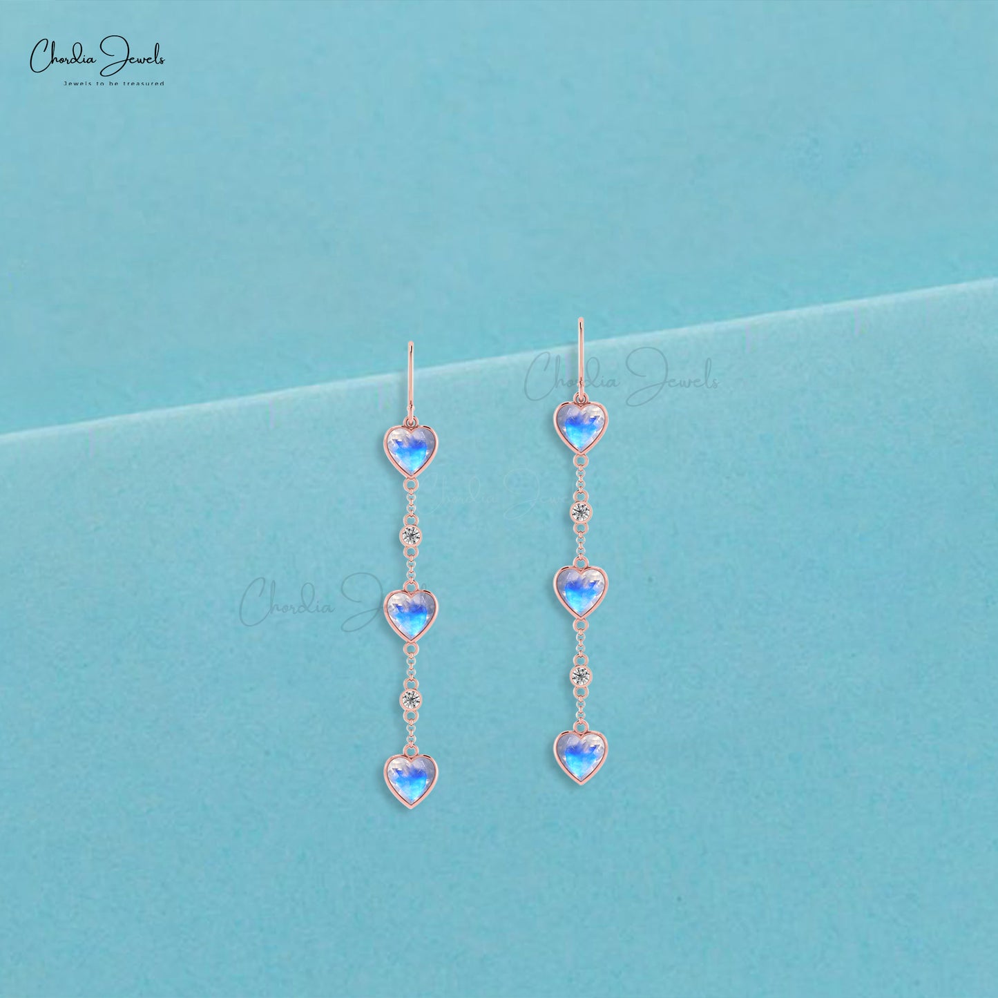 Dangling Heart Earrings With Rainbow Moonstone 14k Real Gold Diamond Studded Earring