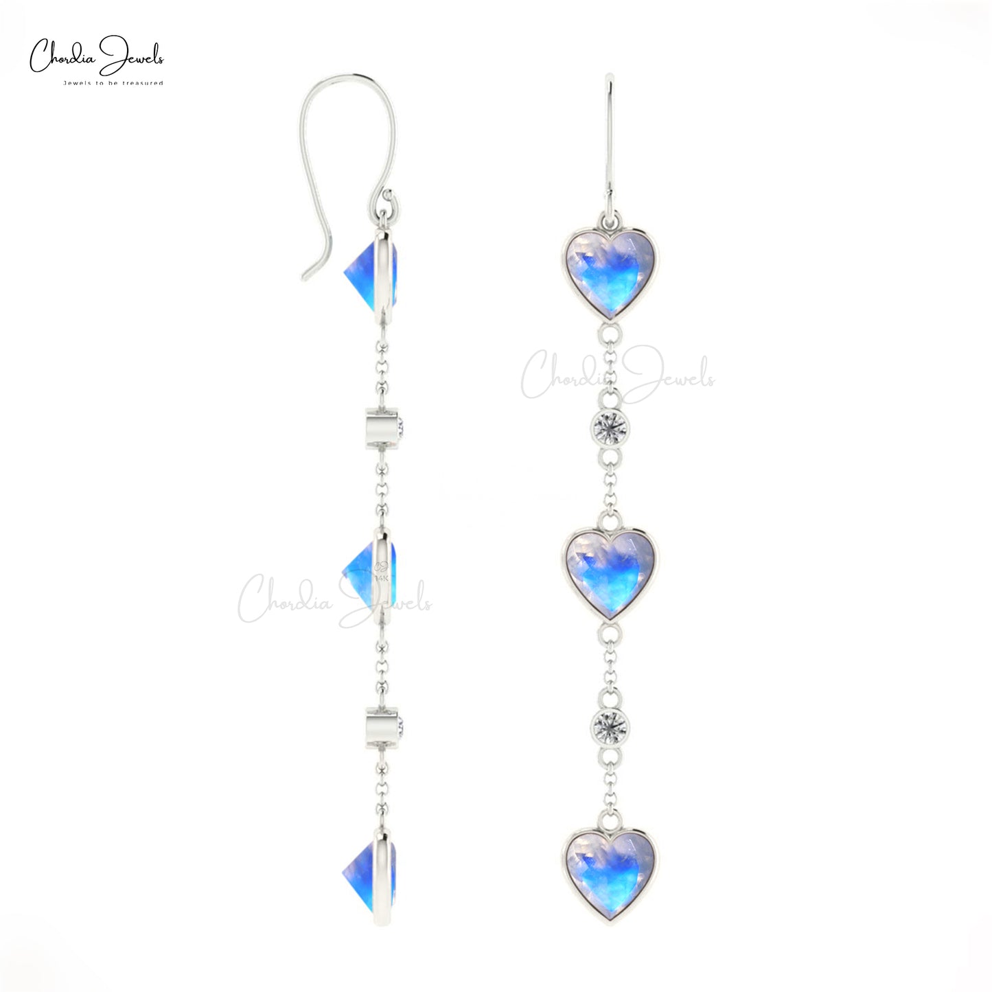 Dangling Heart Earrings With Rainbow Moonstone 14k Real Gold Diamond Studded Earring