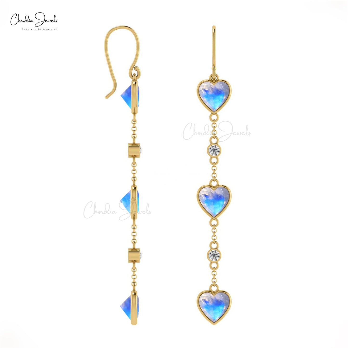 Dangling Heart Earrings With Rainbow Moonstone 14k Real Gold Diamond Studded Earring