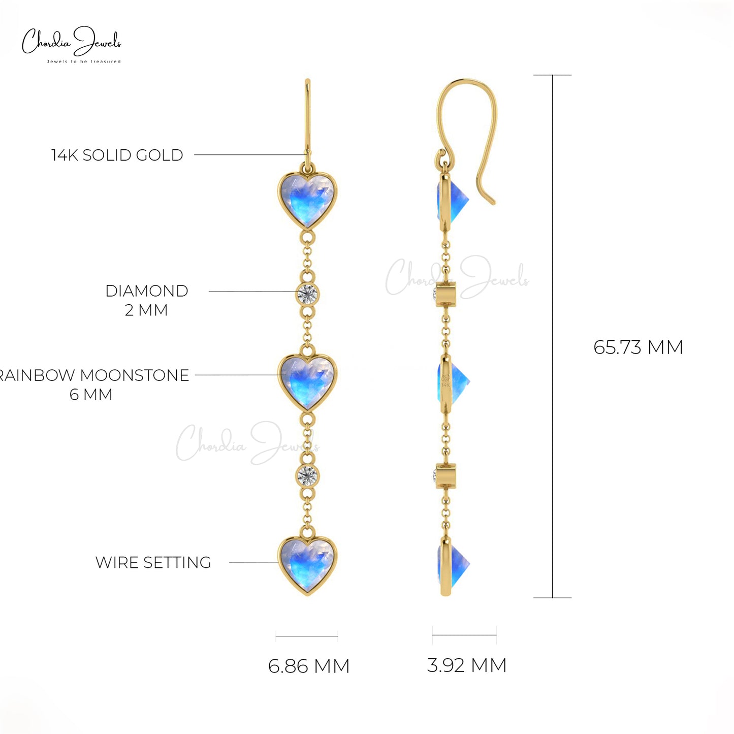 Dangling Heart Earrings With Rainbow Moonstone 14k Real Gold Diamond Studded Earring