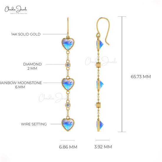 Dangling Heart Earrings With Rainbow Moonstone 14k Real Gold Diamond Studded Earring