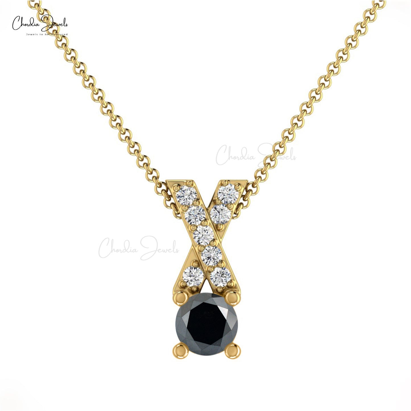 Stunning AAA Black diamond Criss Cross Pendant in 14K Gold with White Diamond's 5mm Round Cut Handmade Gemstone Pendant For April Birthstone