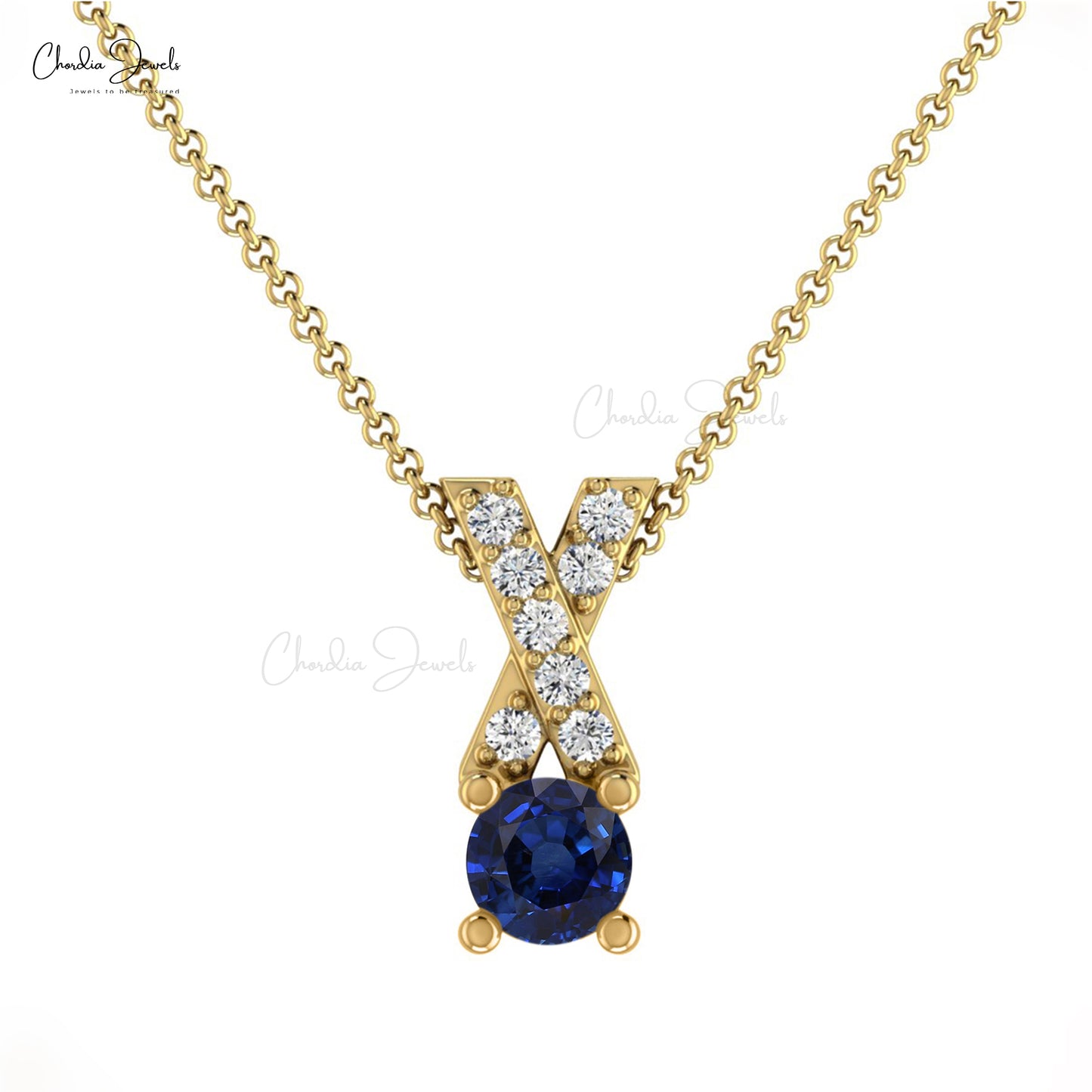 Natural Blue Sapphire Criss Cross Pendant 14k Solid Gold Diamond Pendant 0.45 Carat Round Cut Handmade Gemstone Pendant For Birthday Gift