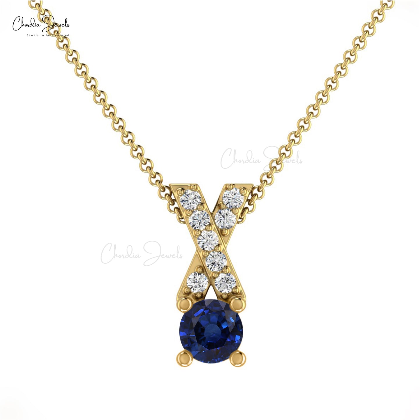 Load image into Gallery viewer, Natural Blue Sapphire Criss Cross Pendant 14k Solid Gold Diamond Pendant 0.45 Carat Round Cut Handmade Gemstone Pendant For Birthday Gift
