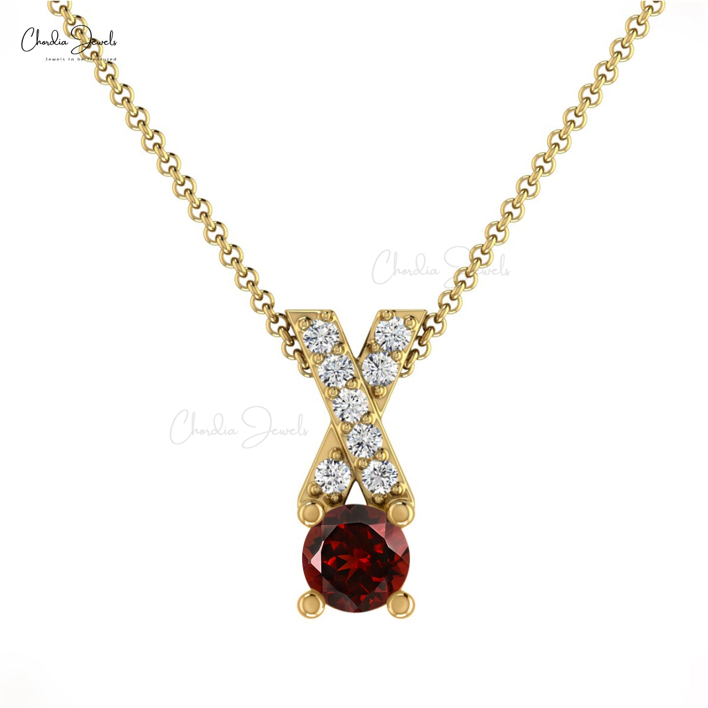 Natural White Diamond Criss Cross Pendant Necklace Round Shape Red Garnet Gemstone Pendant 14k Real Gold Jewelry For Gift