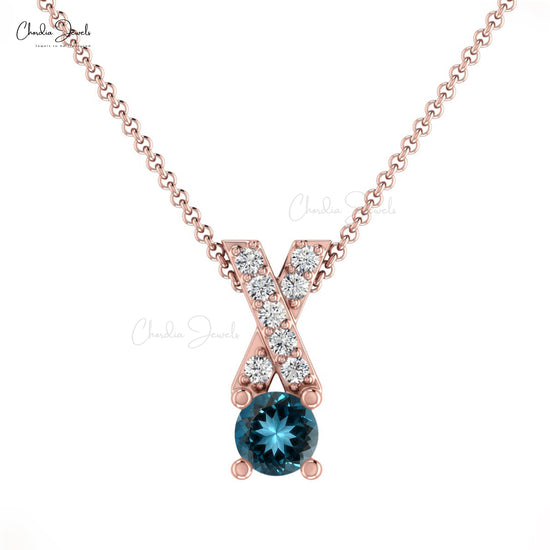 Stunning AAA London Blue Topaz Criss Cross Pendant 14k Solid Gold With White Diamond Pendant 5mm Round Cut Handmade Gemstone Jewelry For Women's