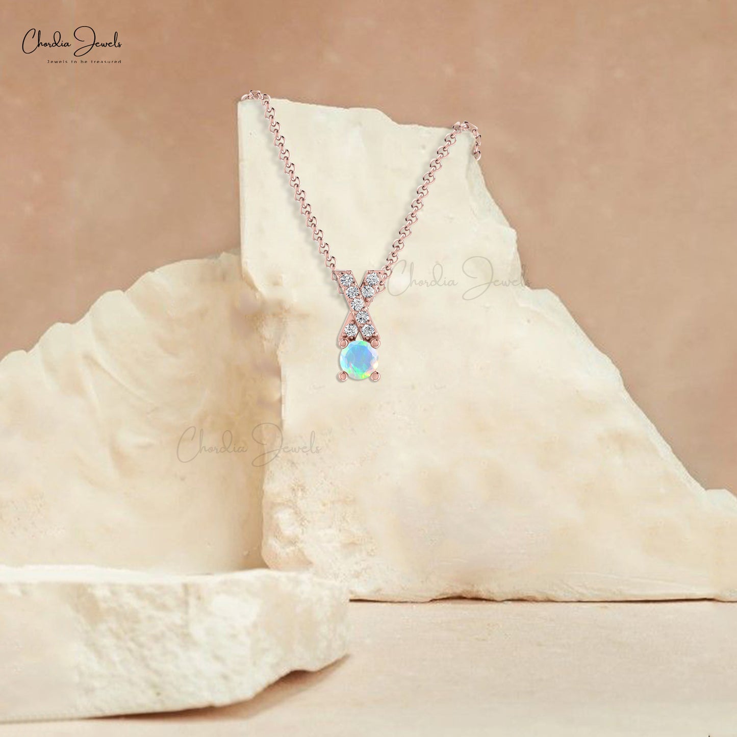 Natural Ethiopian Opal Criss Cross Pendant 14k Solid Gold Diamond Pendant 0.37 Carat Round Cut Handmade Gemstone Pendant For Birthday Gift