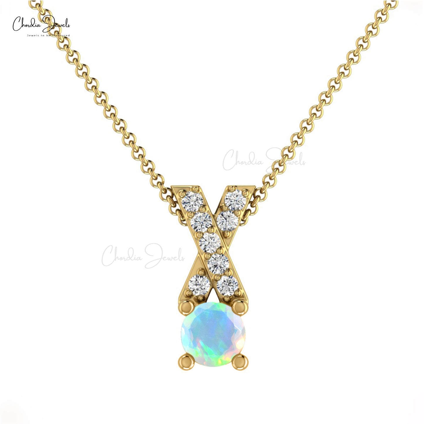 Load image into Gallery viewer, Natural Ethiopian Opal Criss Cross Pendant 14k Solid Gold Diamond Pendant 0.37 Carat Round Cut Handmade Gemstone Pendant For Birthday Gift
