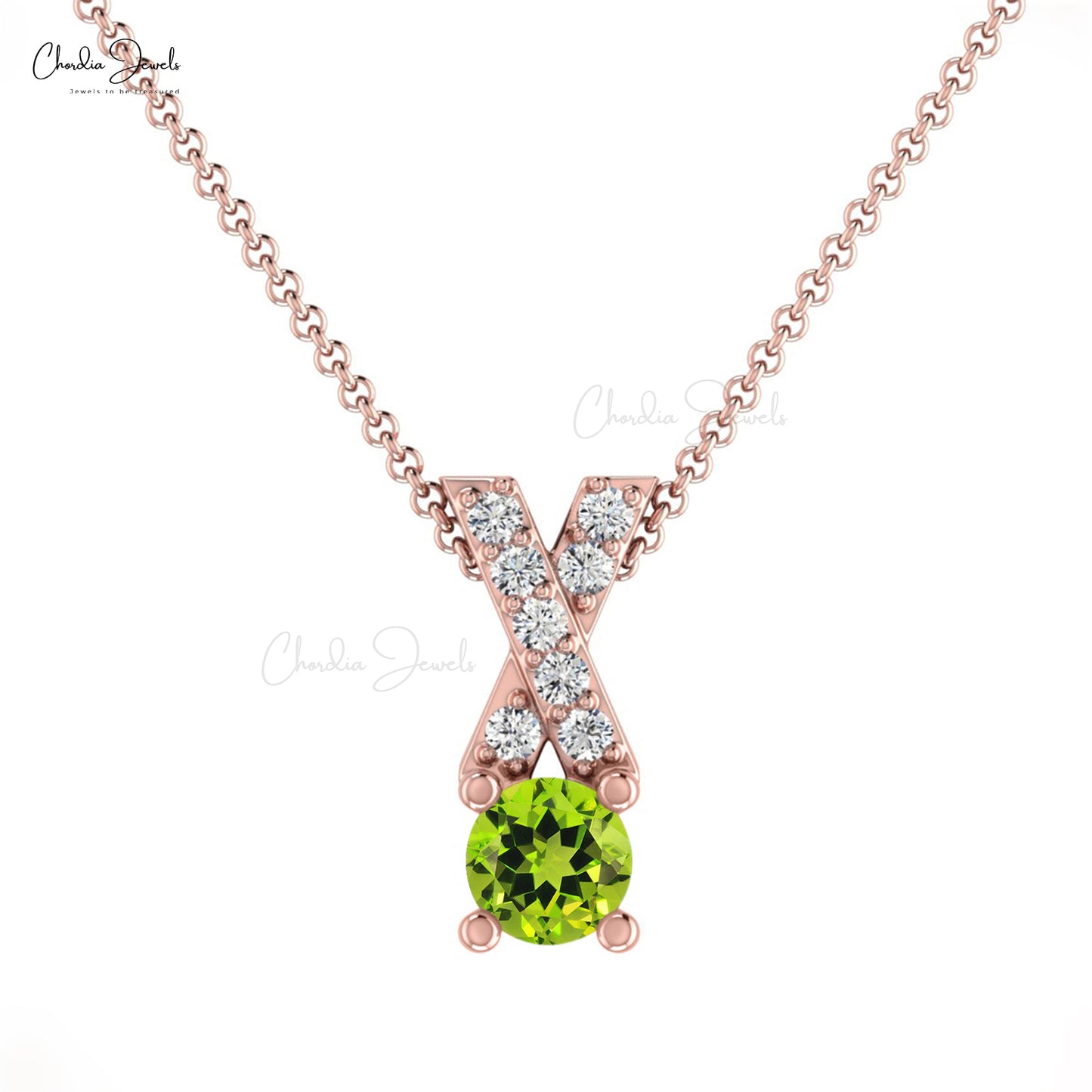 Criss Cros Diamond Pendant In 14k Real Gold Peridot August Birthstone Prong Set Necklace