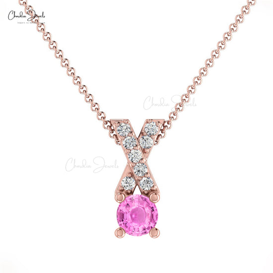 AAA Quality September Birthstone Pink Sapphire Handmade Pendant 14k Solid Gold Diamond Criss Cross Pendant 5mm Round Cut Gemstone Pendant For Birthday Gift