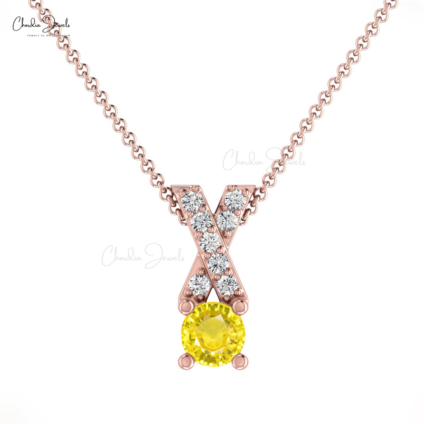 Stunning Yellow Sapphire Pendant In 14k Solid Gold With White Diamond Criss Cross Pendant 5mm Round Cut Handmade Gemstone Pendant For Women's