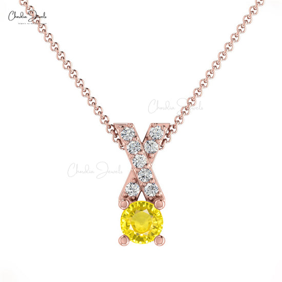 Stunning Yellow Sapphire Pendant In 14k Solid Gold With White Diamond Criss Cross Pendant 5mm Round Cut Handmade Gemstone Pendant For Women's