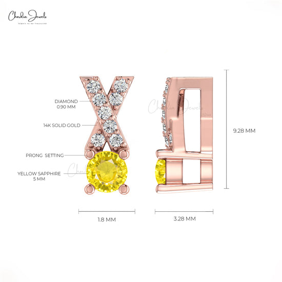 Stunning Yellow Sapphire Pendant In 14k Solid Gold With White Diamond Criss Cross Pendant 5mm Round Cut Handmade Gemstone Pendant For Women's