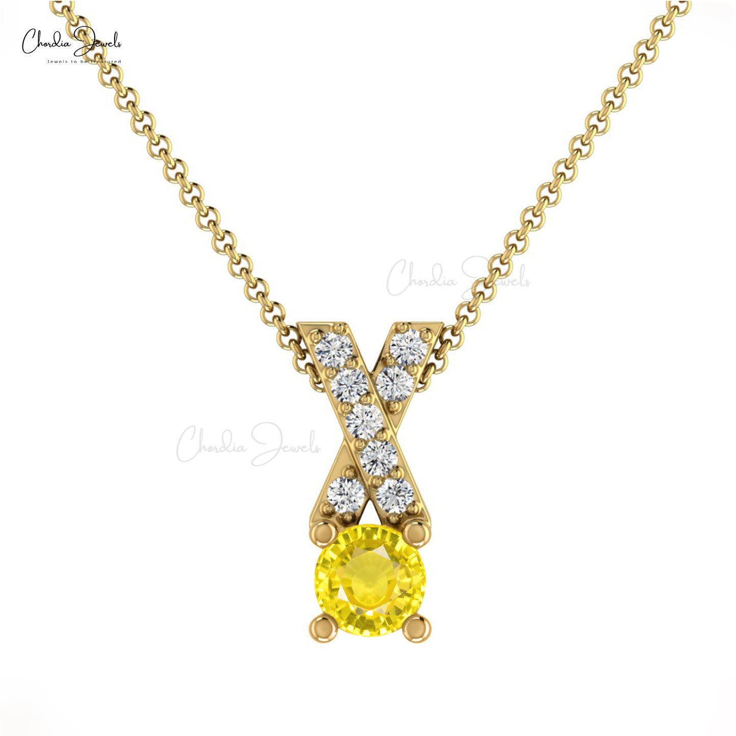 Stunning Yellow Sapphire Pendant In 14k Solid Gold With White Diamond Criss Cross Pendant 5mm Round Cut Handmade Gemstone Pendant For Women's