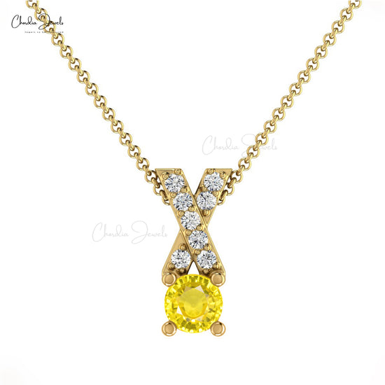 Stunning Yellow Sapphire Pendant In 14k Solid Gold With White Diamond Criss Cross Pendant 5mm Round Cut Handmade Gemstone Pendant For Women's