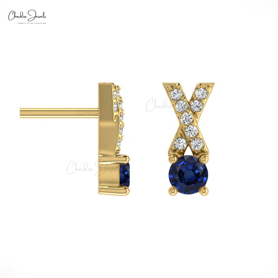 Excellent Prong Set AAA Blue Sapphire Studs Earring 0.90 Carat Round Cut Handmade Gemstone Earring In 14k Solid Gold White Diamond Studs For Women