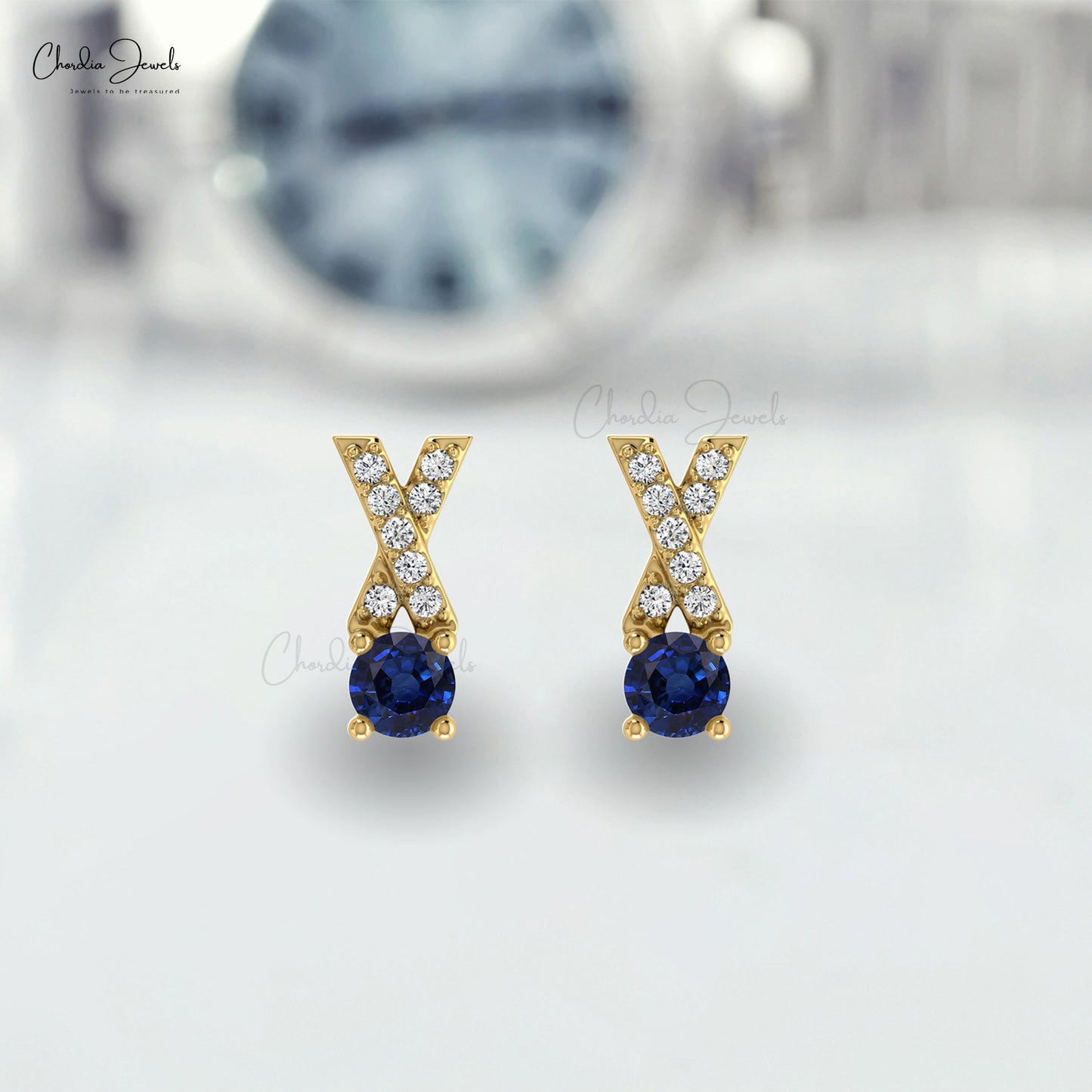 Excellent Prong Set AAA Blue Sapphire Studs Earring 0.90 Carat Round Cut Handmade Gemstone Earring In 14k Solid Gold White Diamond Studs For Women