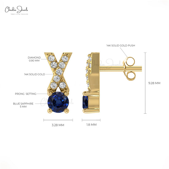 Excellent Prong Set AAA Blue Sapphire Studs Earring 0.90 Carat Round Cut Handmade Gemstone Earring In 14k Solid Gold White Diamond Studs For Women