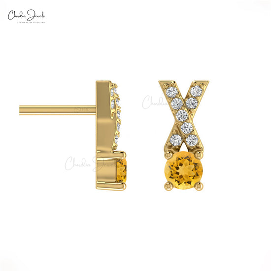 Stunning Natural Citrine Earring14k Solid Gold White Diamond Criss Cross Studs Earring 5mm Round Cut Handmade Gemstone Earrings For Women's