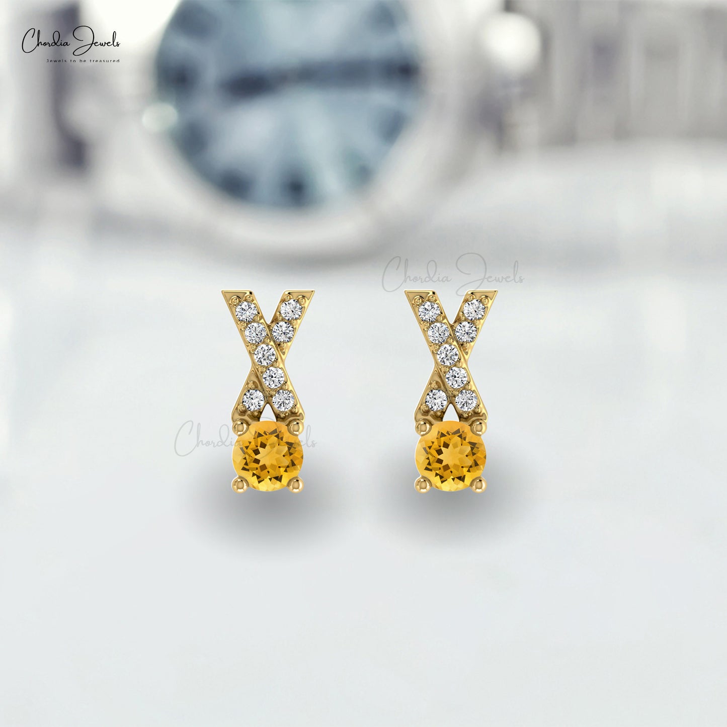 Stunning Natural Citrine Earring14k Solid Gold White Diamond Criss Cross Studs Earring 5mm Round Cut Handmade Gemstone Earrings For Women's